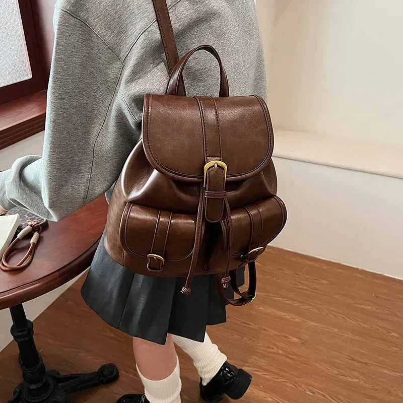 Small Double Pockets Faux Leather Backpack