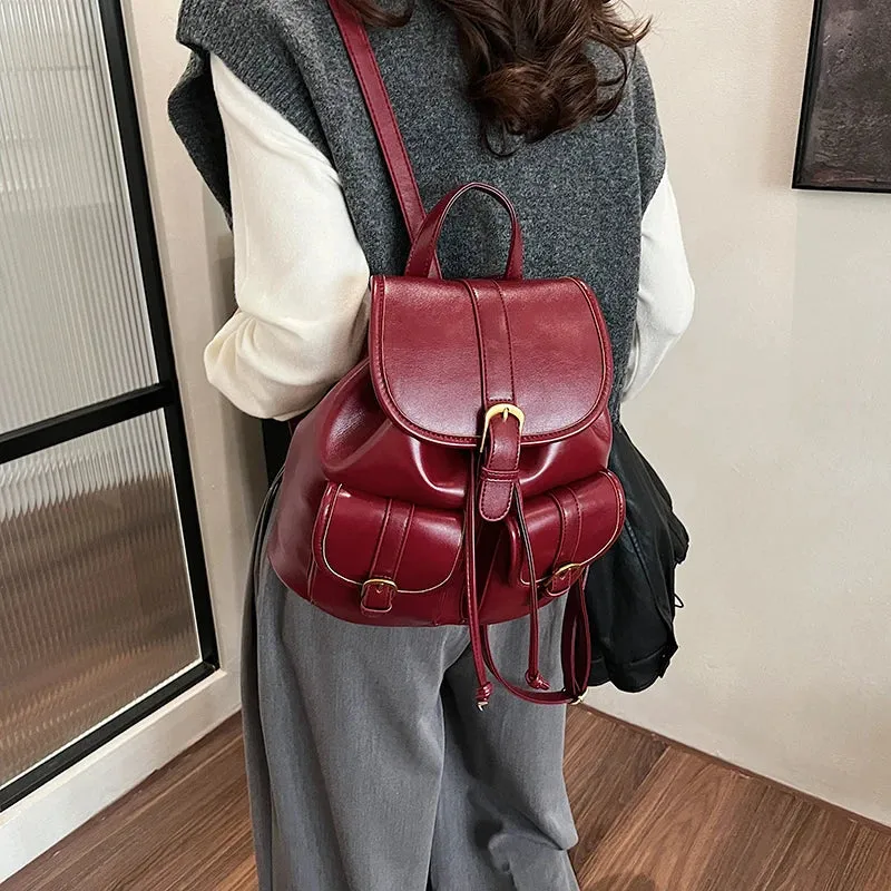 Small Double Pockets Faux Leather Backpack