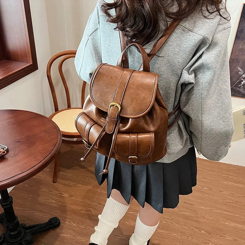 Small Double Pockets Faux Leather Backpack