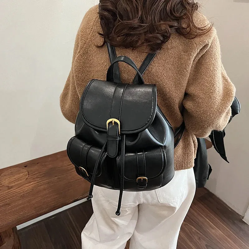Small Double Pockets Faux Leather Backpack