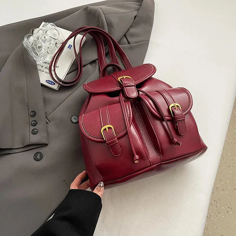 Small Double Pockets Faux Leather Backpack