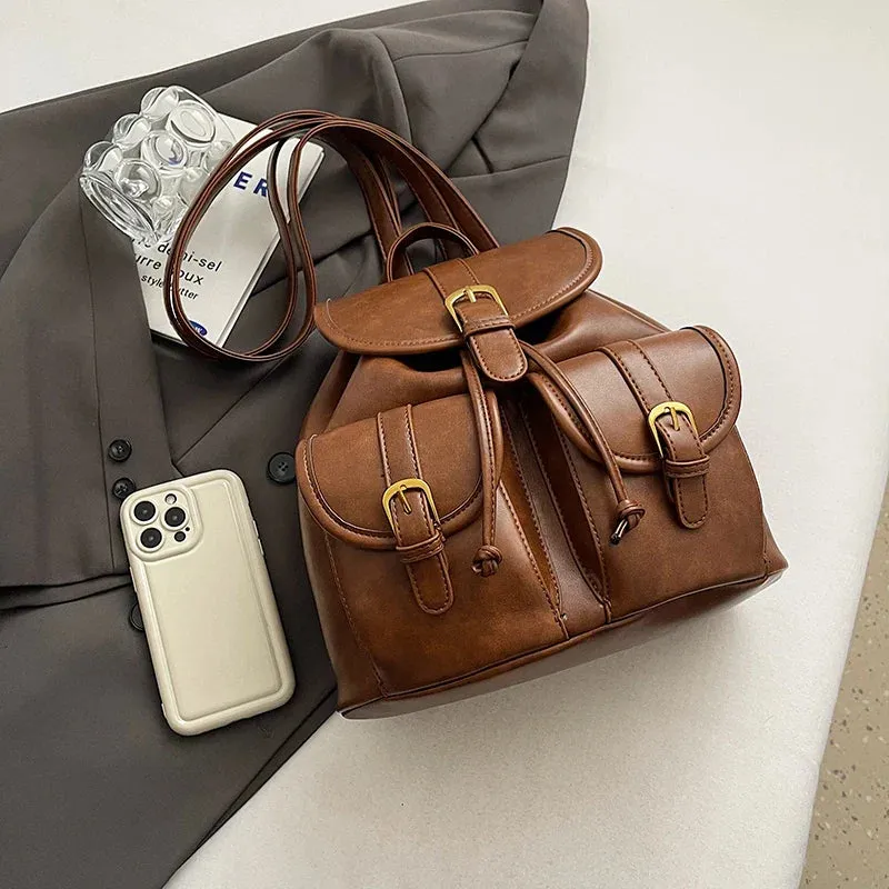 Small Double Pockets Faux Leather Backpack