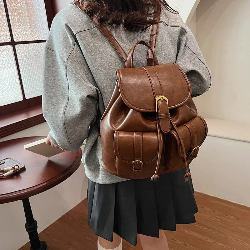 Small Double Pockets Faux Leather Backpack