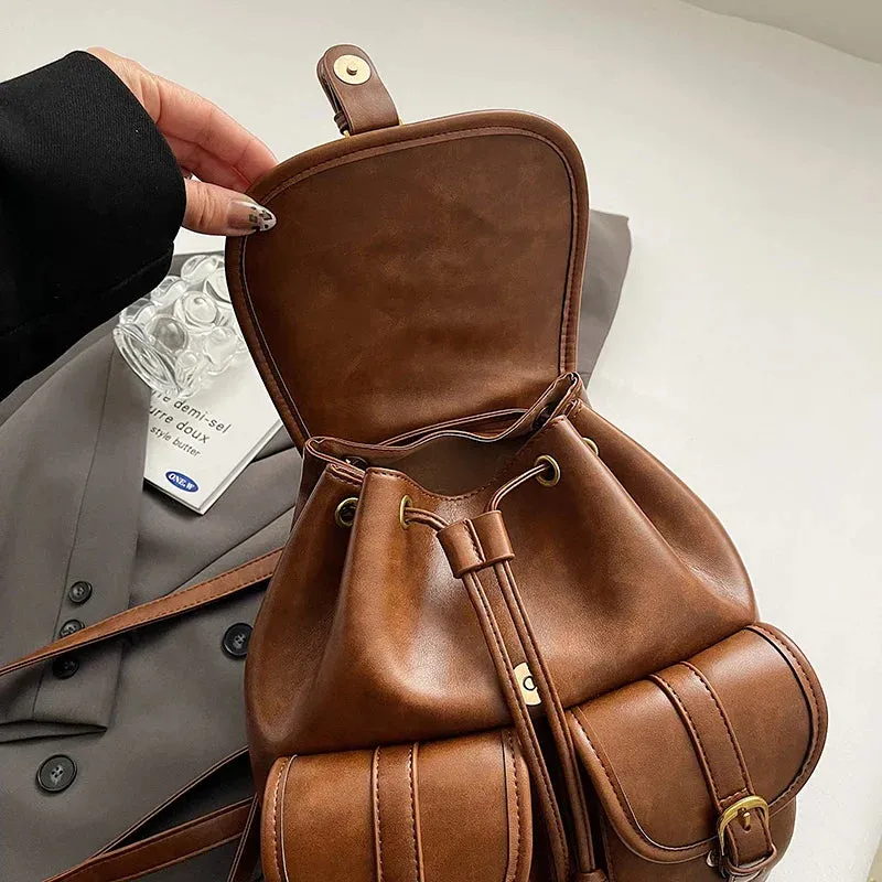 Small Double Pockets Faux Leather Backpack