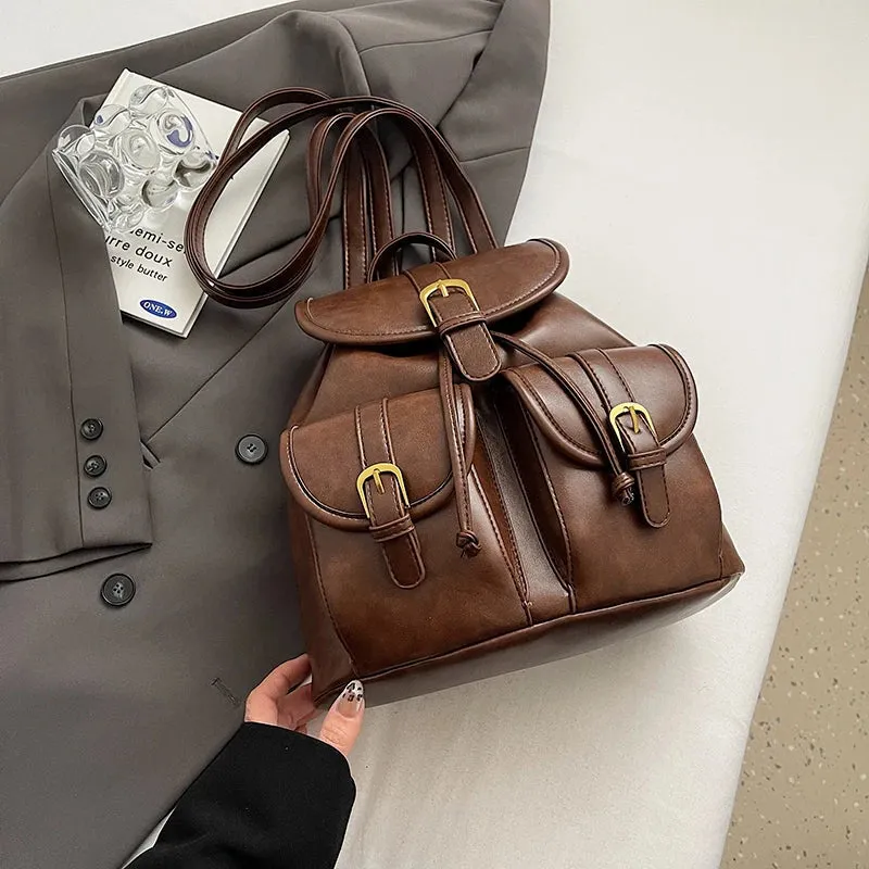 Small Double Pockets Faux Leather Backpack