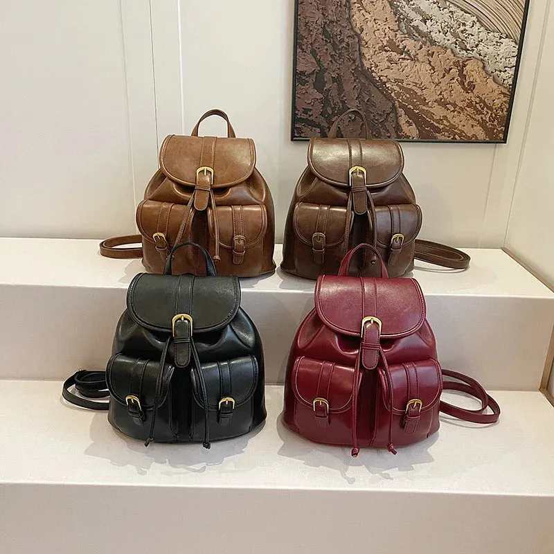 Small Double Pockets Faux Leather Backpack