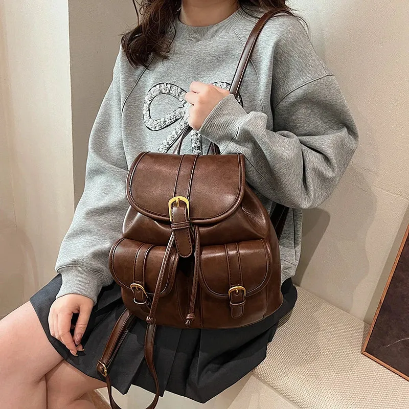 Small Double Pockets Faux Leather Backpack