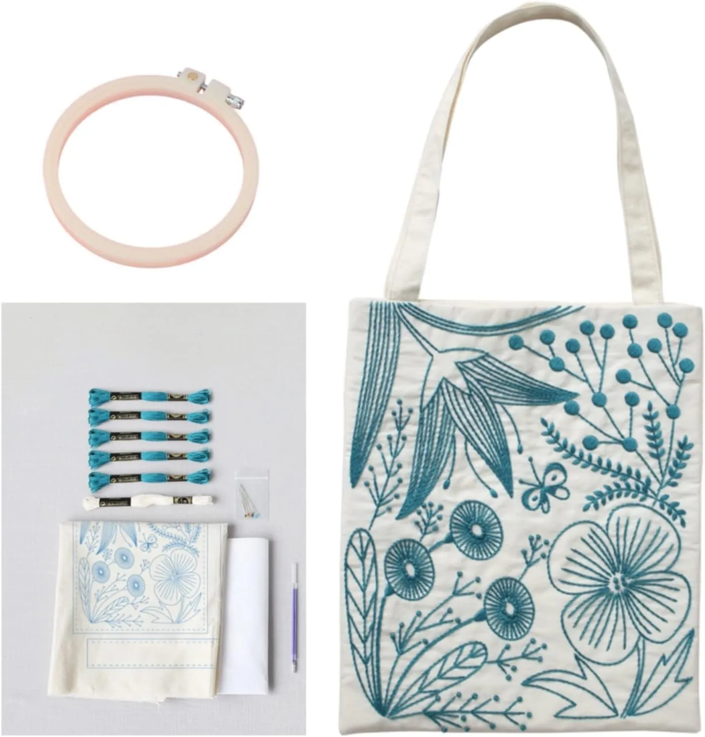 Smart-Feather Flower Embroidery Kit Tote Bag, Hand Embroidery Kit for Adults Beginner with Embroidery Patterns, Embroidery Hoop,DIY Sewing Kit