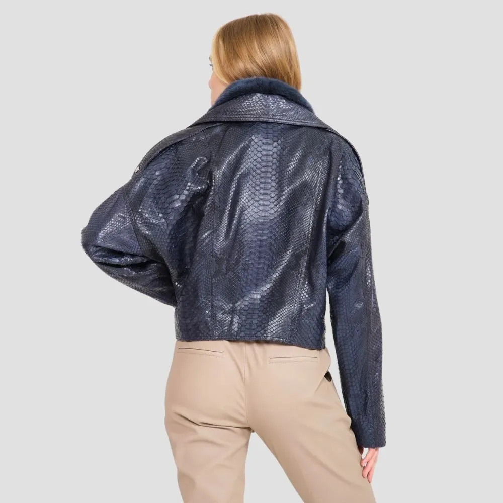 Snakeskin Pattern Moto Jacket Women With Cozy Shearling