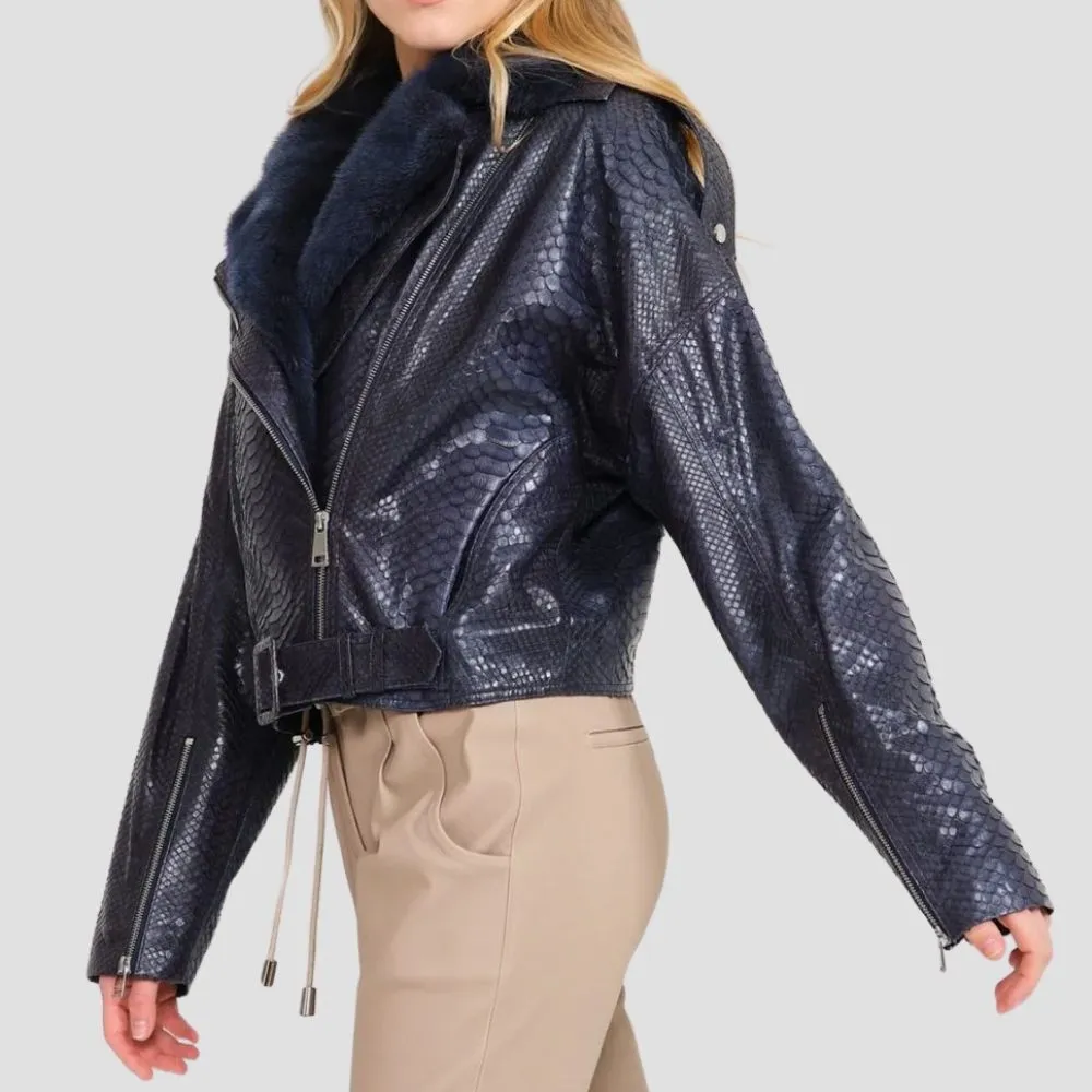 Snakeskin Pattern Moto Jacket Women With Cozy Shearling