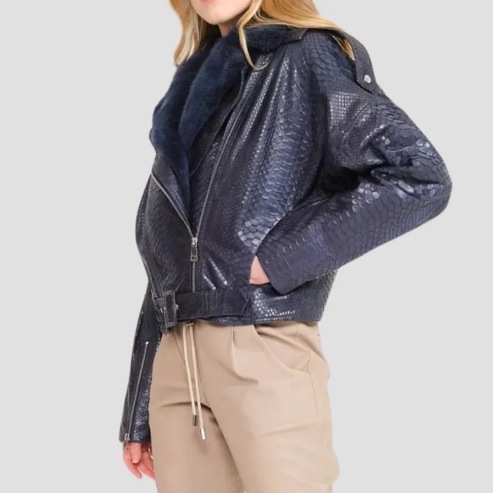 Snakeskin Pattern Moto Jacket Women With Cozy Shearling