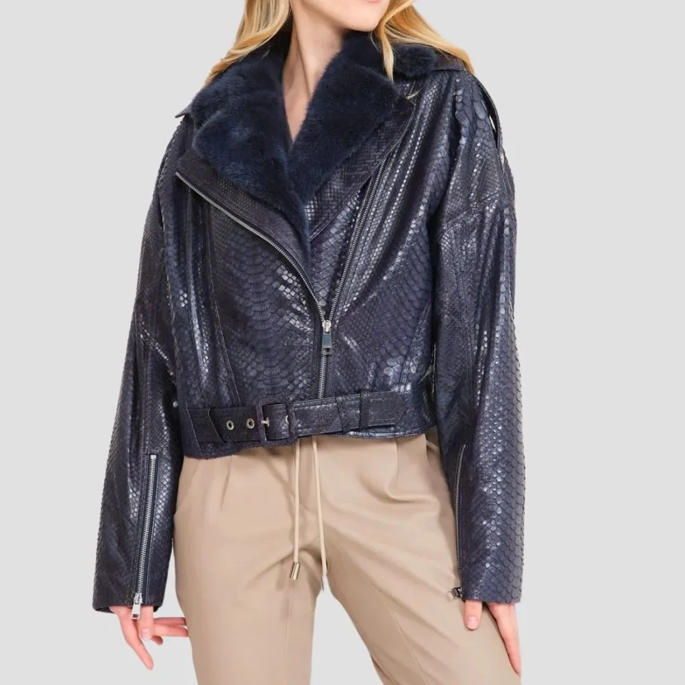 Snakeskin Pattern Moto Jacket Women With Cozy Shearling