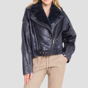 Snakeskin Pattern Moto Jacket Women With Cozy Shearling