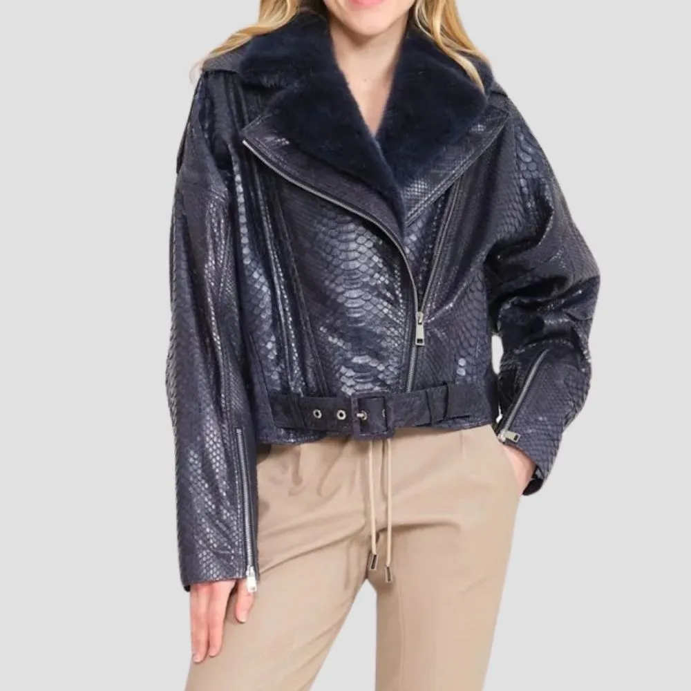 Snakeskin Pattern Moto Jacket Women With Cozy Shearling