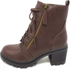 Soda Indiana Women's Faux Leather Lace Up High Chunky Heel Ankle Booties