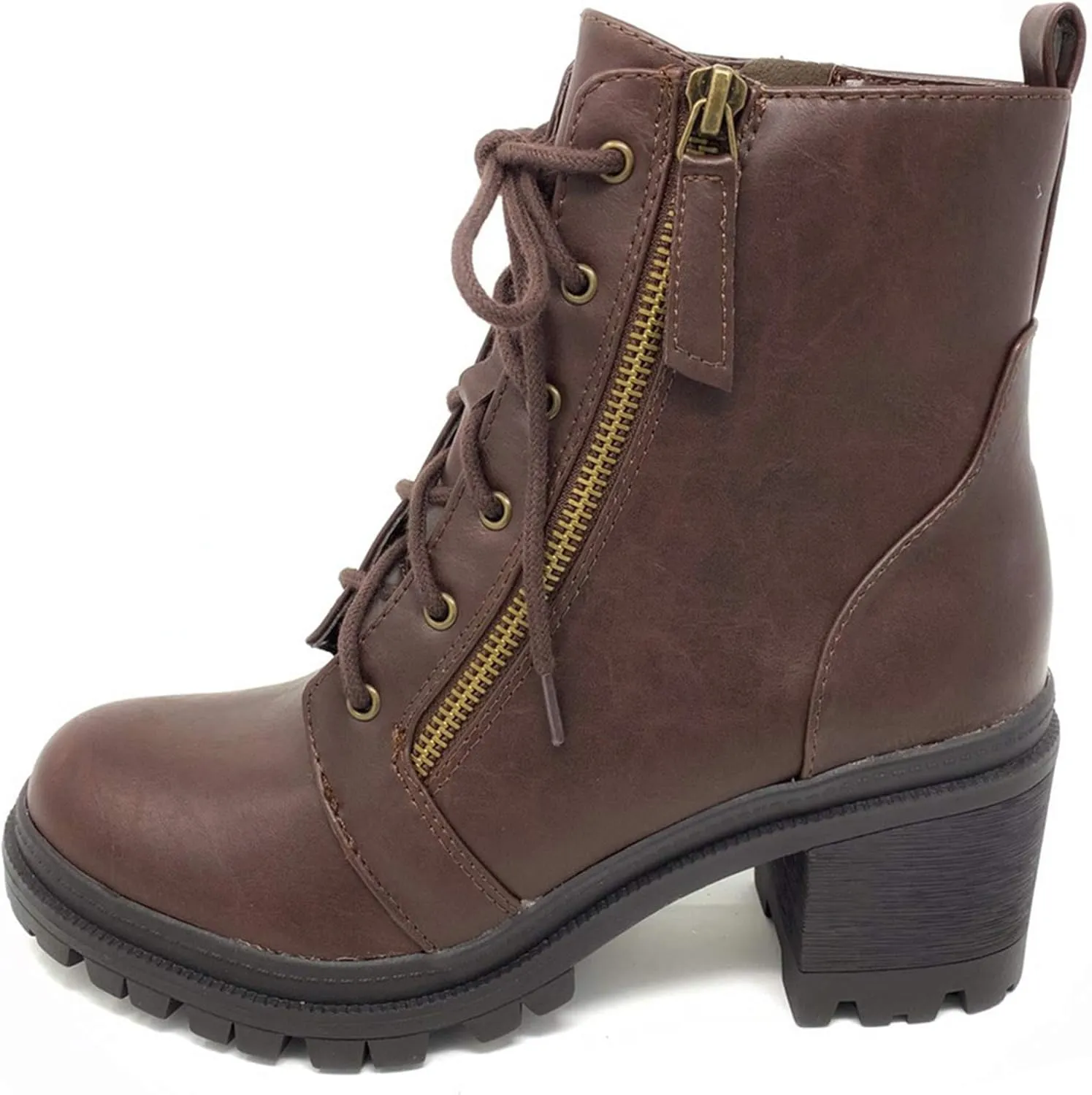 Soda Indiana Women's Faux Leather Lace Up High Chunky Heel Ankle Booties