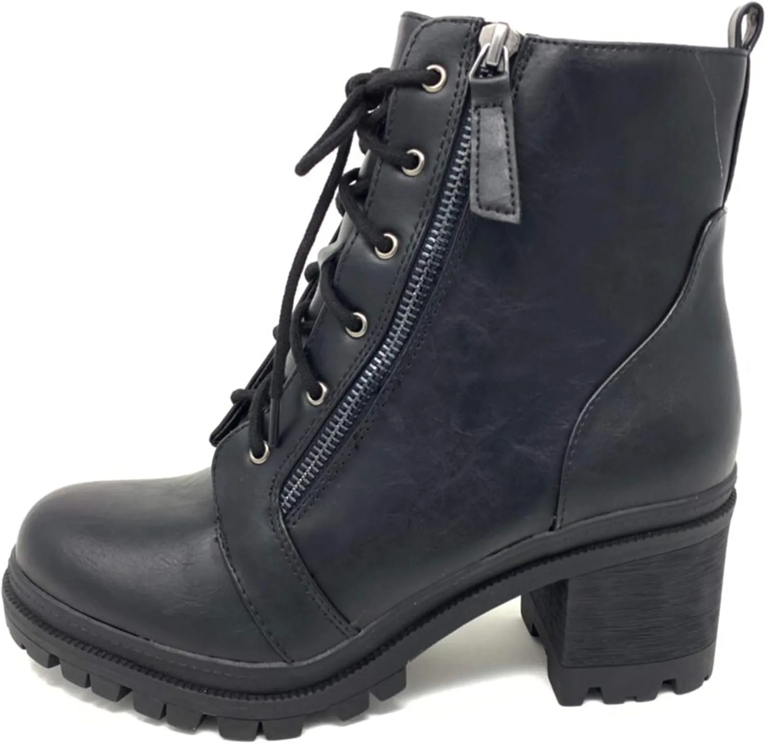 Soda Indiana Women's Faux Leather Lace Up High Chunky Heel Ankle Booties