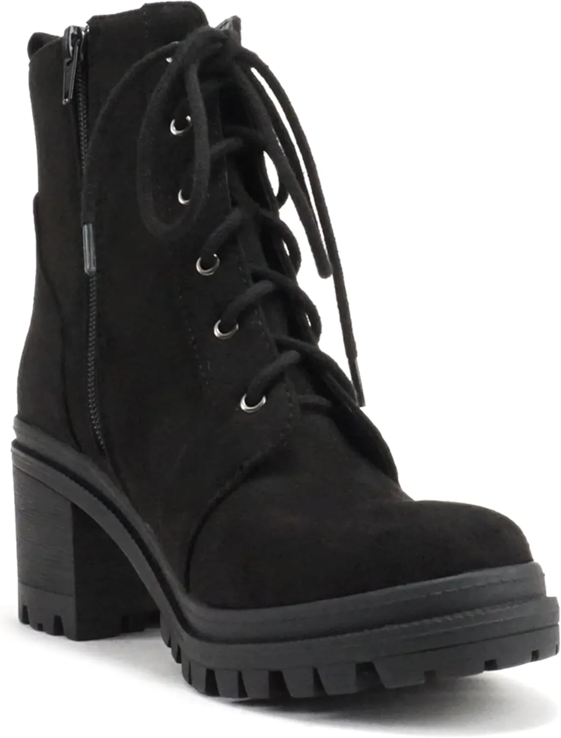 Soda Indiana Women's Faux Leather Lace Up High Chunky Heel Ankle Booties