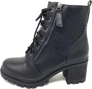 Soda Indiana Women's Faux Leather Lace Up High Chunky Heel Ankle Booties