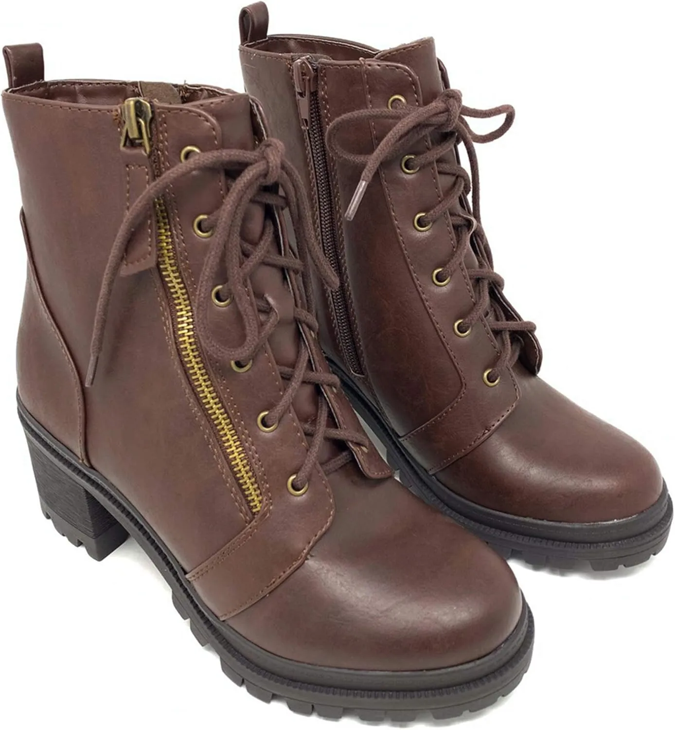 Soda Indiana Women's Faux Leather Lace Up High Chunky Heel Ankle Booties