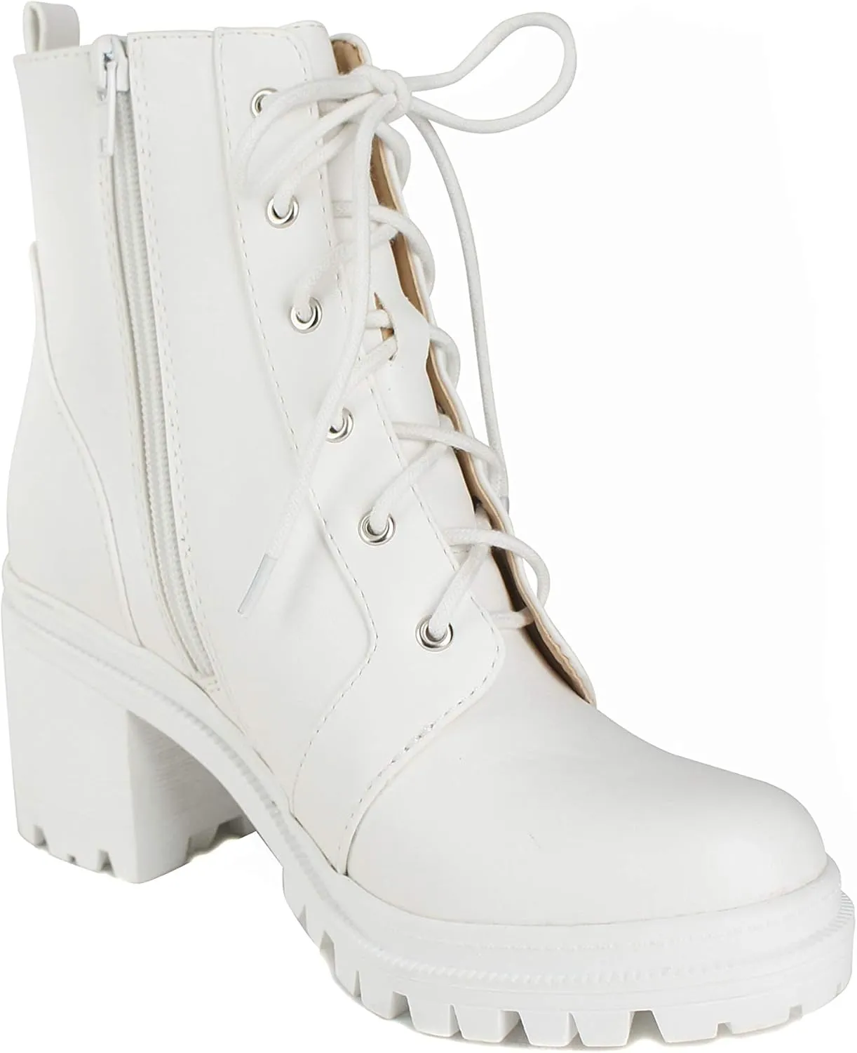 Soda Indiana Women's Faux Leather Lace Up High Chunky Heel Ankle Booties