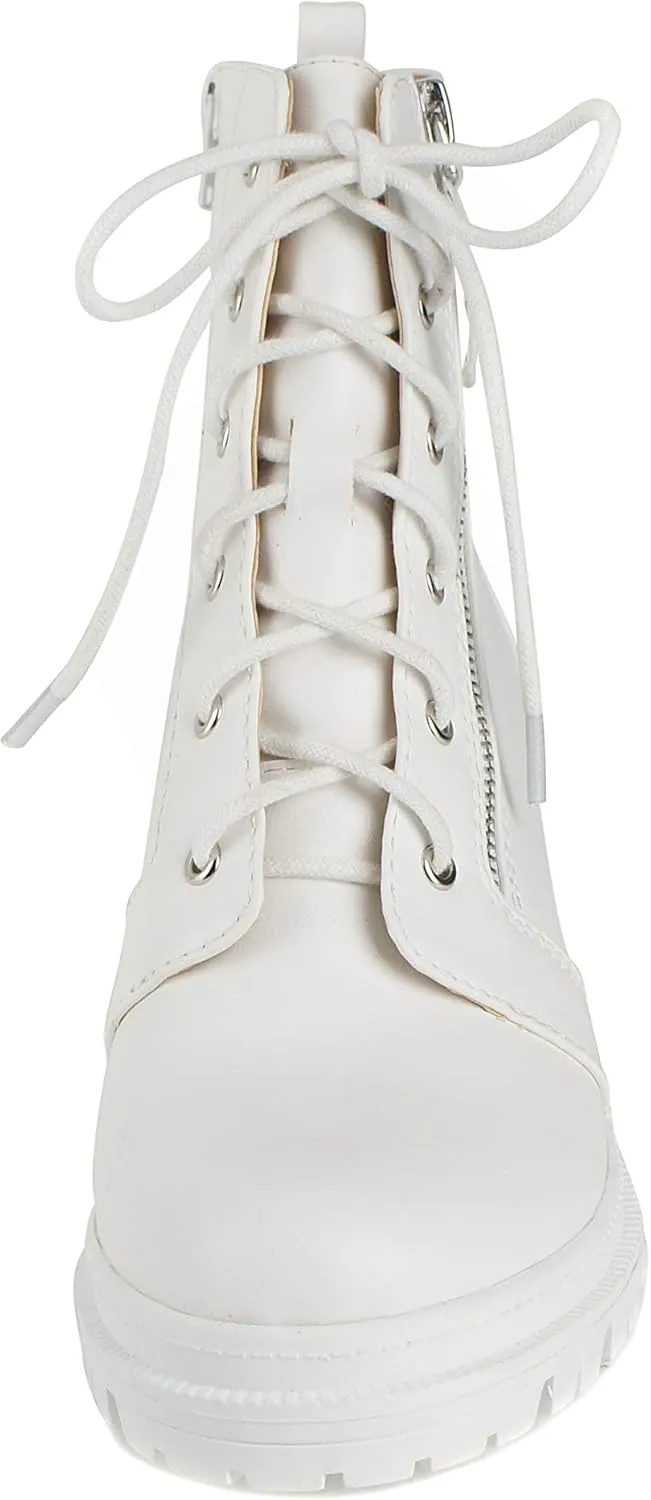 Soda Indiana Women's Faux Leather Lace Up High Chunky Heel Ankle Booties