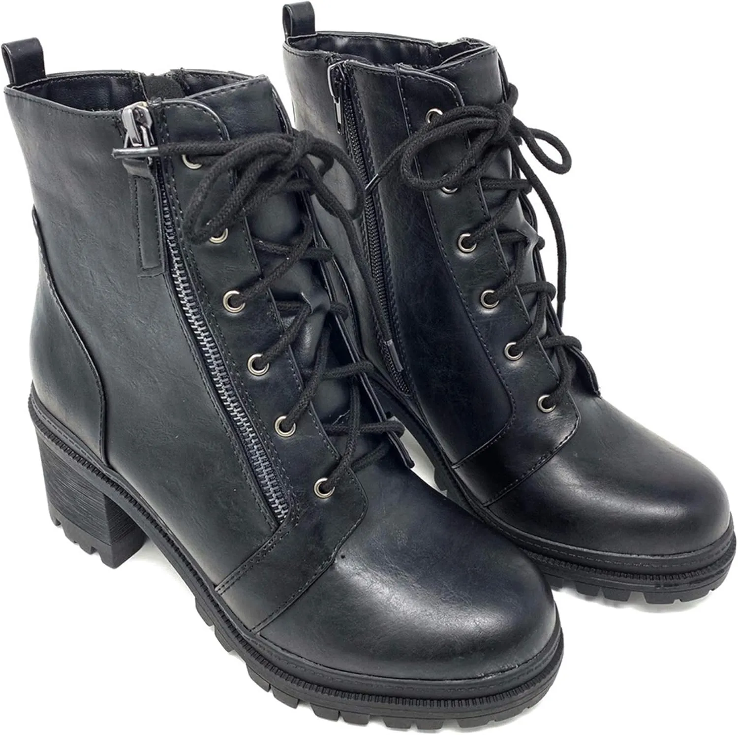 Soda Indiana Women's Faux Leather Lace Up High Chunky Heel Ankle Booties
