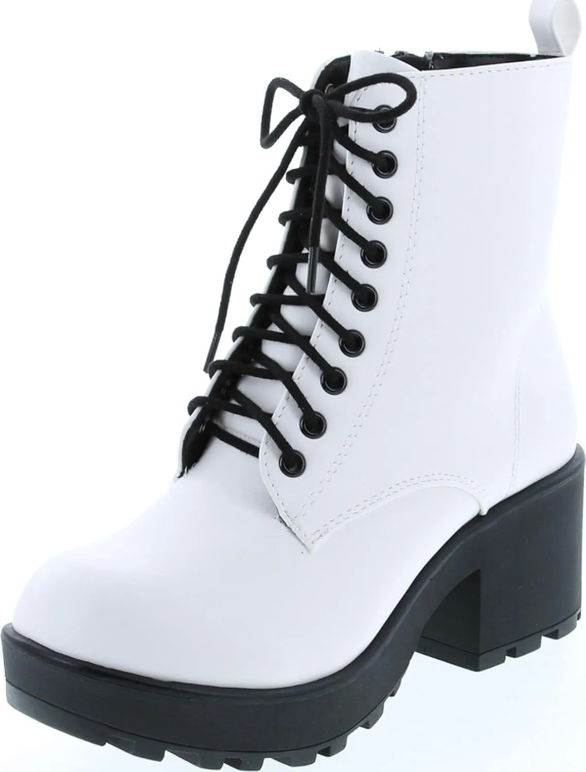 Soda Women's Magpie Faux Leather Lace-Up Combat Mid Heel Military Ankle Boots