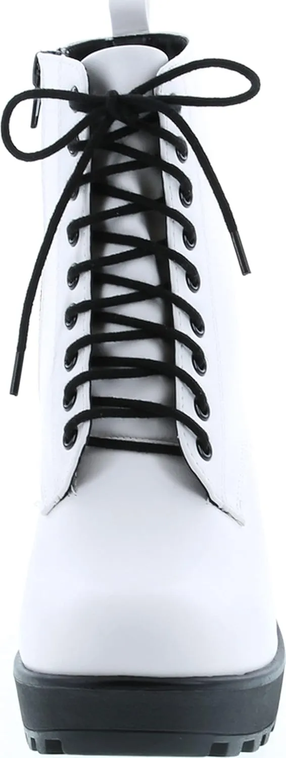 Soda Women's Magpie Faux Leather Lace-Up Combat Mid Heel Military Ankle Boots
