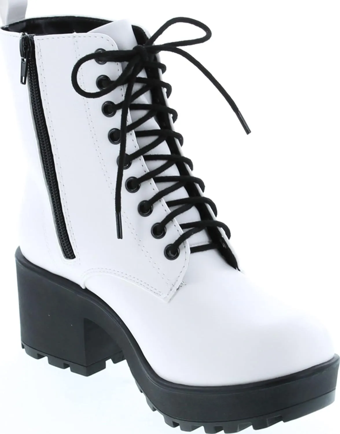 Soda Women's Magpie Faux Leather Lace-Up Combat Mid Heel Military Ankle Boots