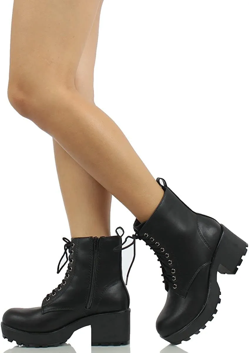 Soda Women's Magpie Faux Leather Lace-Up Combat Mid Heel Military Ankle Boots