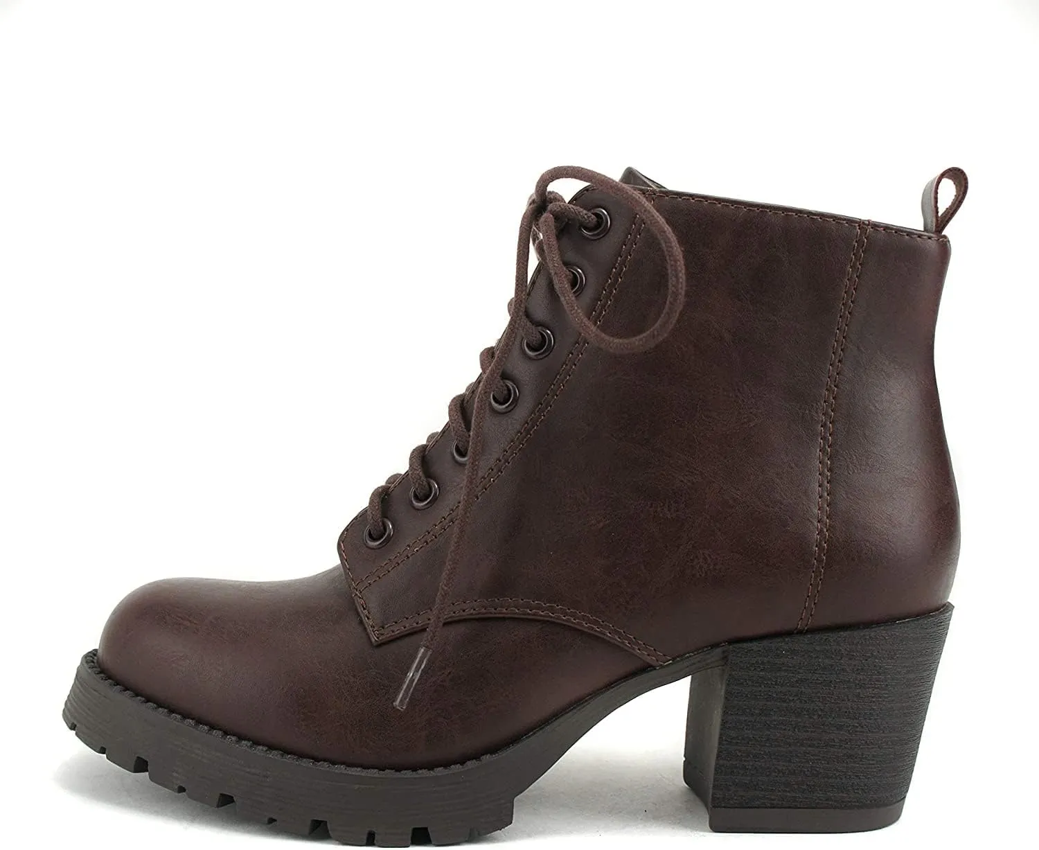 Soda Women's Nevitt Faux Leather Lace Up Chunky Heel Combat Style Boots