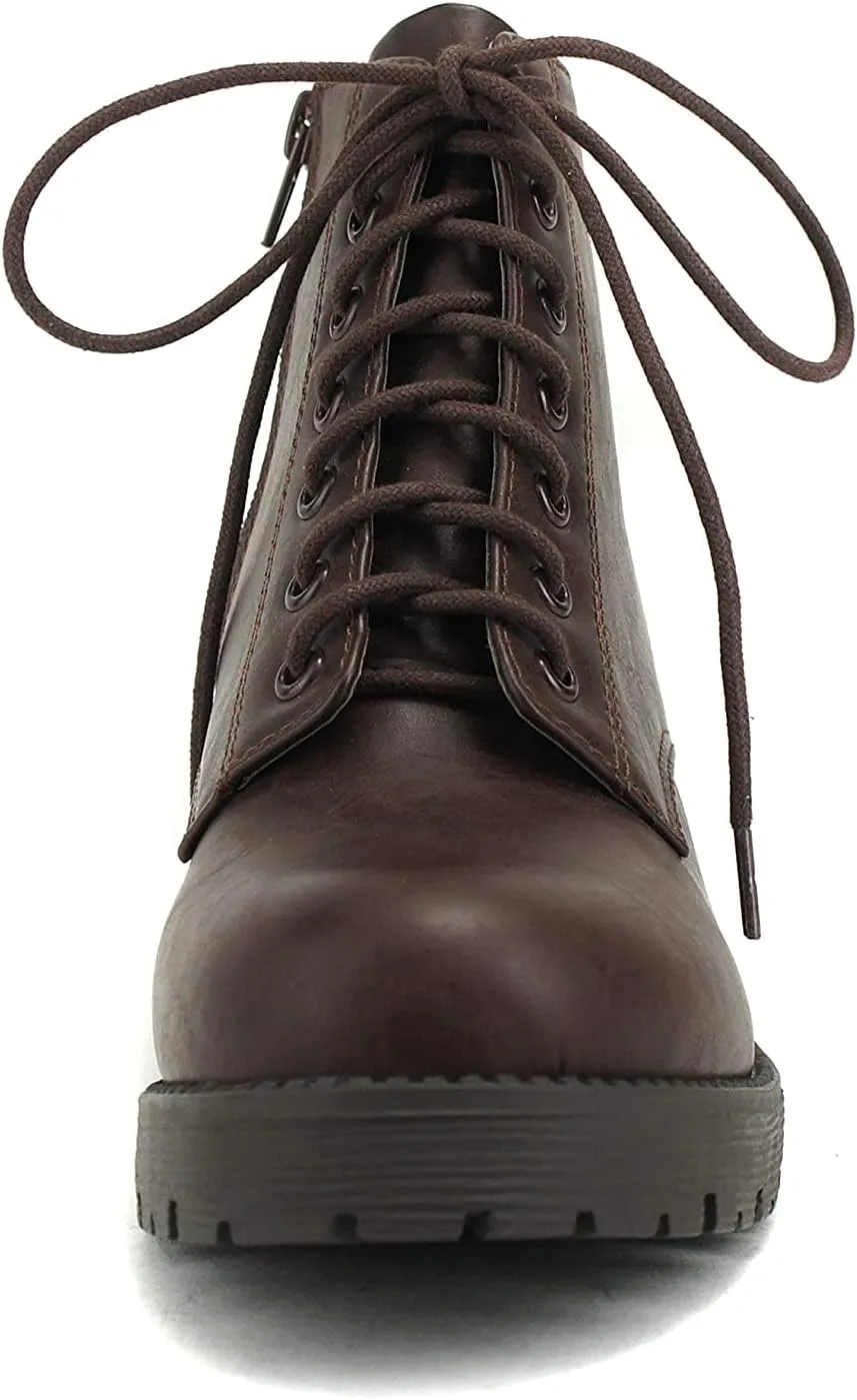 Soda Women's Nevitt Faux Leather Lace Up Chunky Heel Combat Style Boots
