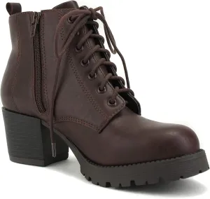 Soda Women's Nevitt Faux Leather Lace Up Chunky Heel Combat Style Boots