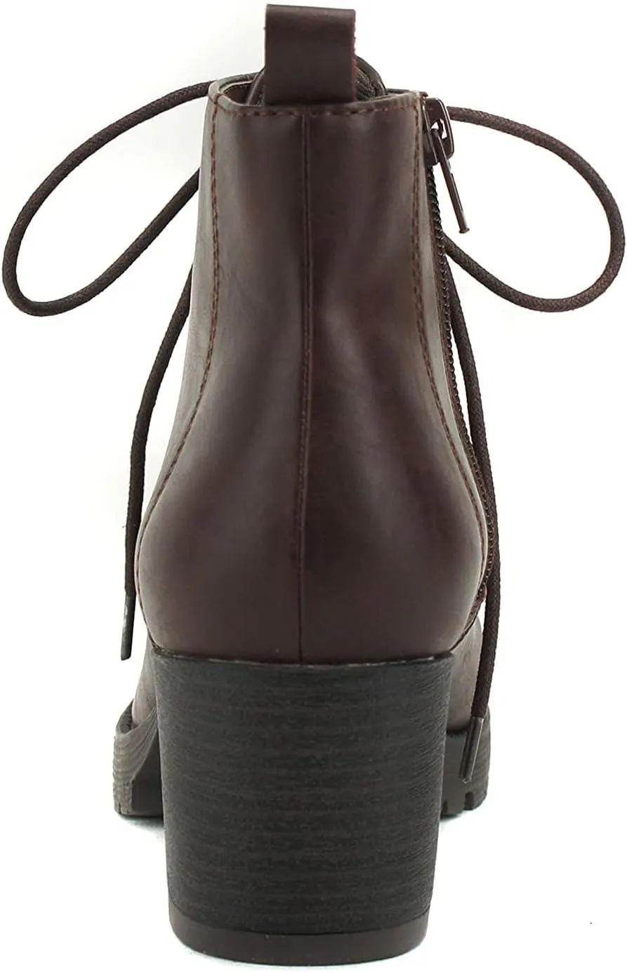 Soda Women's Nevitt Faux Leather Lace Up Chunky Heel Combat Style Boots