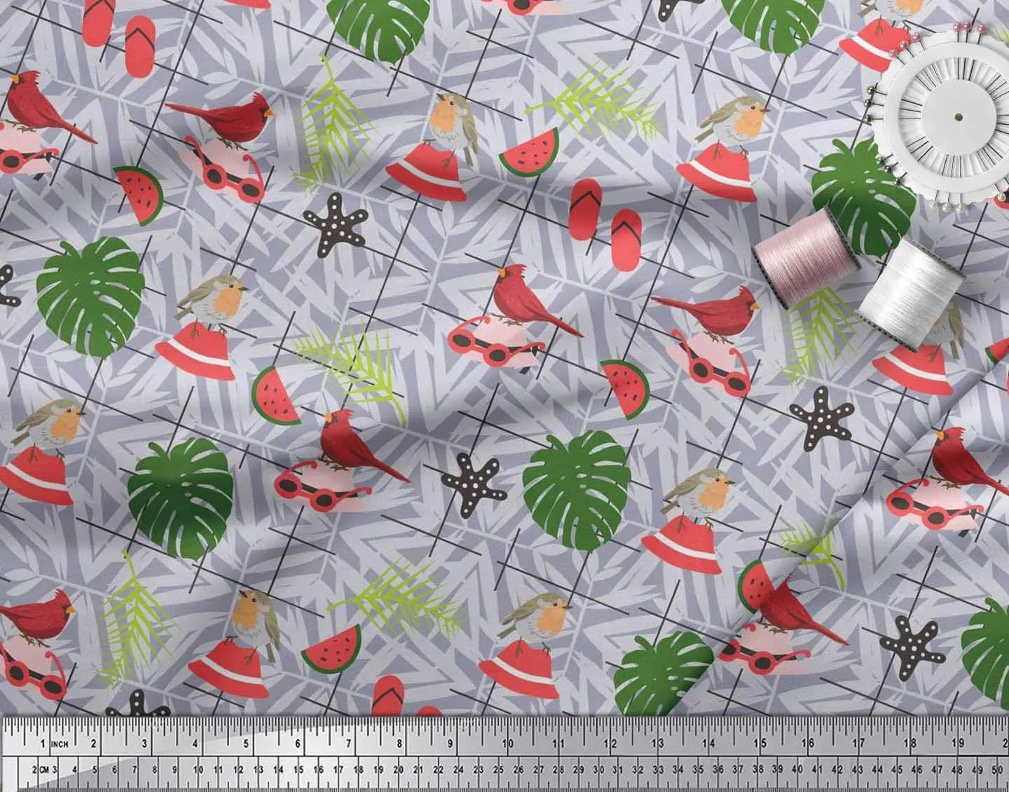 Soimoi Japan Crepe Satin Fabric Slippers,Hat & Goggles Fashion Printed Fabric 1 Yard 42 Inch Wide