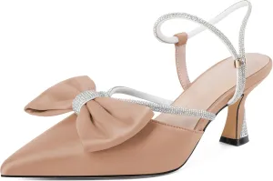 Soireelady Womens Rhinestone Bow Heels Low Kitten Heel Pumps Sparkly Slingback Ankle Strap Closed Pointed Toe Wedding Bridal Dress Shoes Satin 2.5 Inches