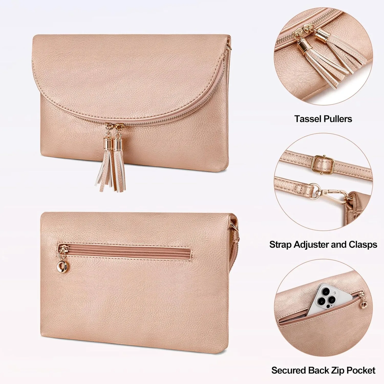 Solene Womens Envelop Clutch Purse Multi Compartments, 6 Card Slot Inside, Crossbody Bag With Tassels