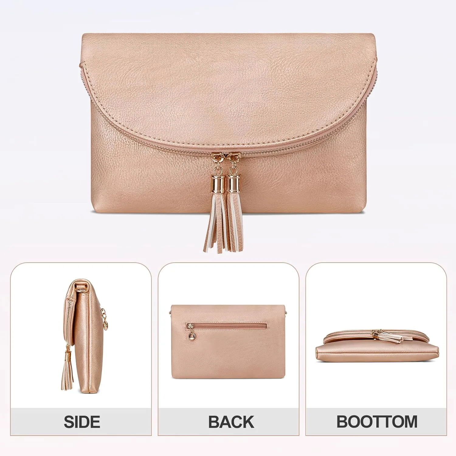 Solene Womens Envelop Clutch Purse Multi Compartments, 6 Card Slot Inside, Crossbody Bag With Tassels