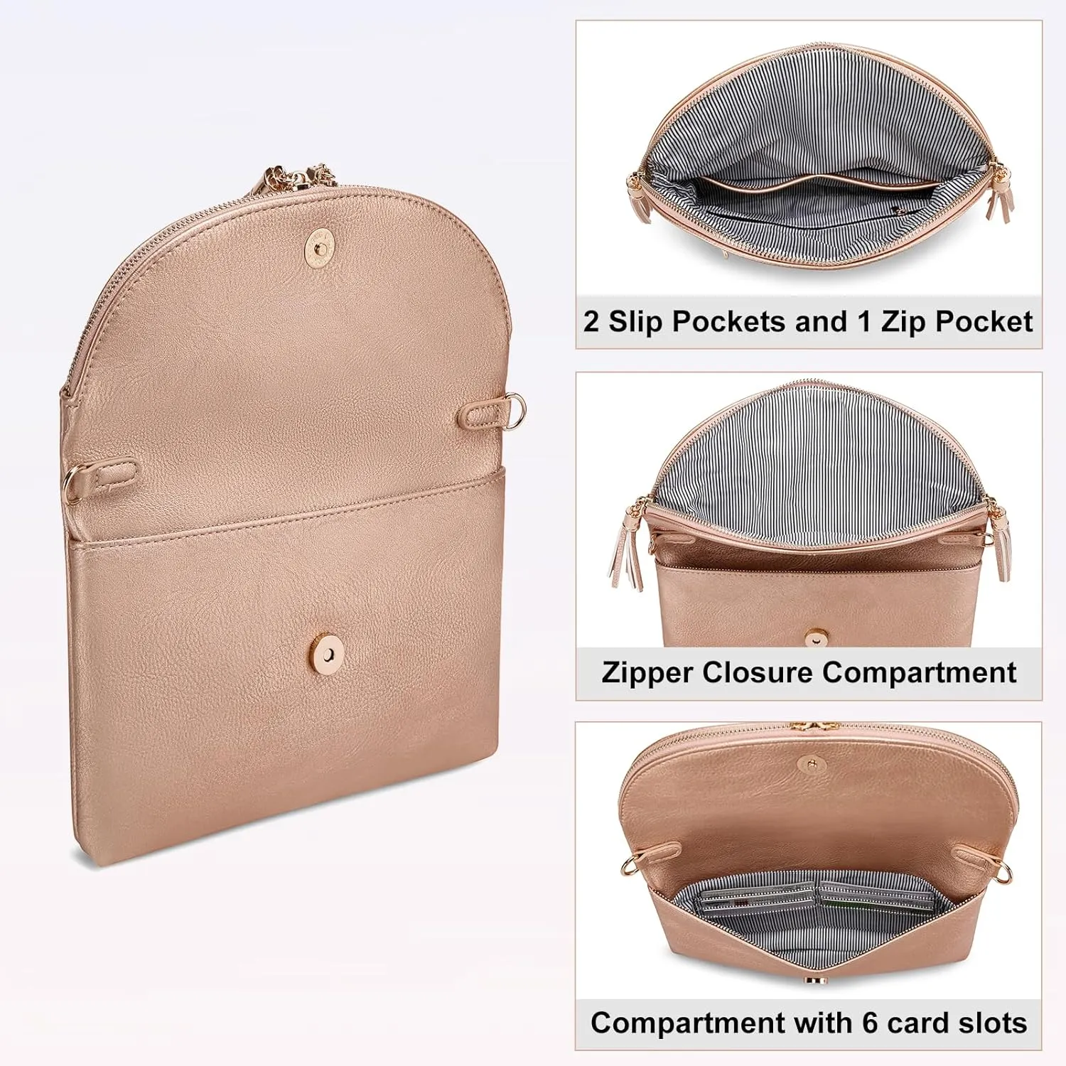 Solene Womens Envelop Clutch Purse Multi Compartments, 6 Card Slot Inside, Crossbody Bag With Tassels