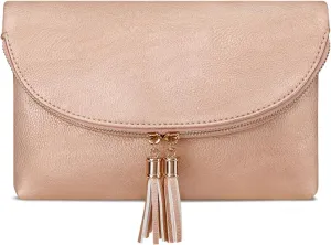 Solene Womens Envelop Clutch Purse Multi Compartments, 6 Card Slot Inside, Crossbody Bag With Tassels