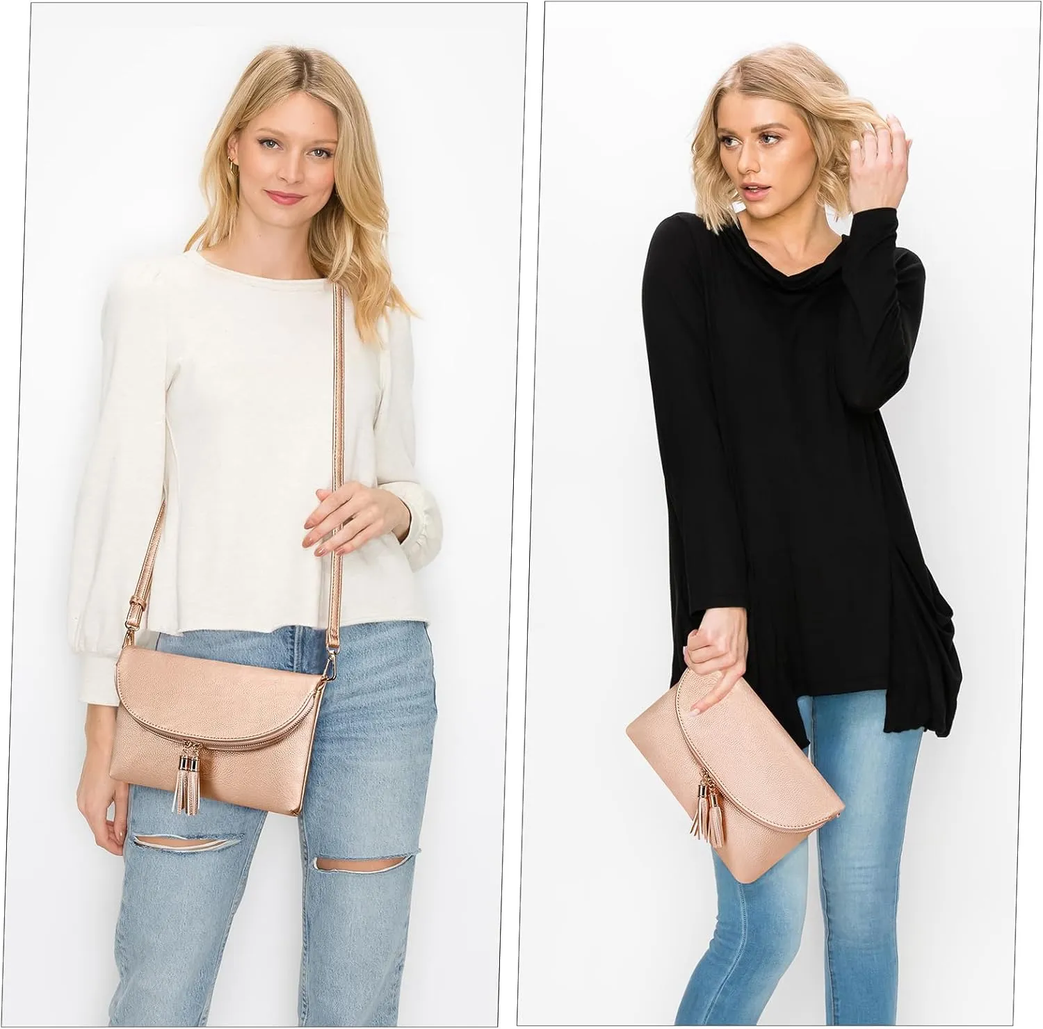Solene Womens Envelop Clutch Purse Multi Compartments, 6 Card Slot Inside, Crossbody Bag With Tassels
