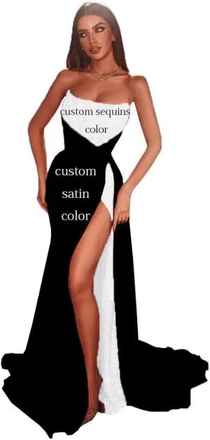 Sparkly Sequins Prom Dresses 2025 Mermaid Bridesmaid Dress with Slit Tube Satin Evening Formal Gown with Train DR0080