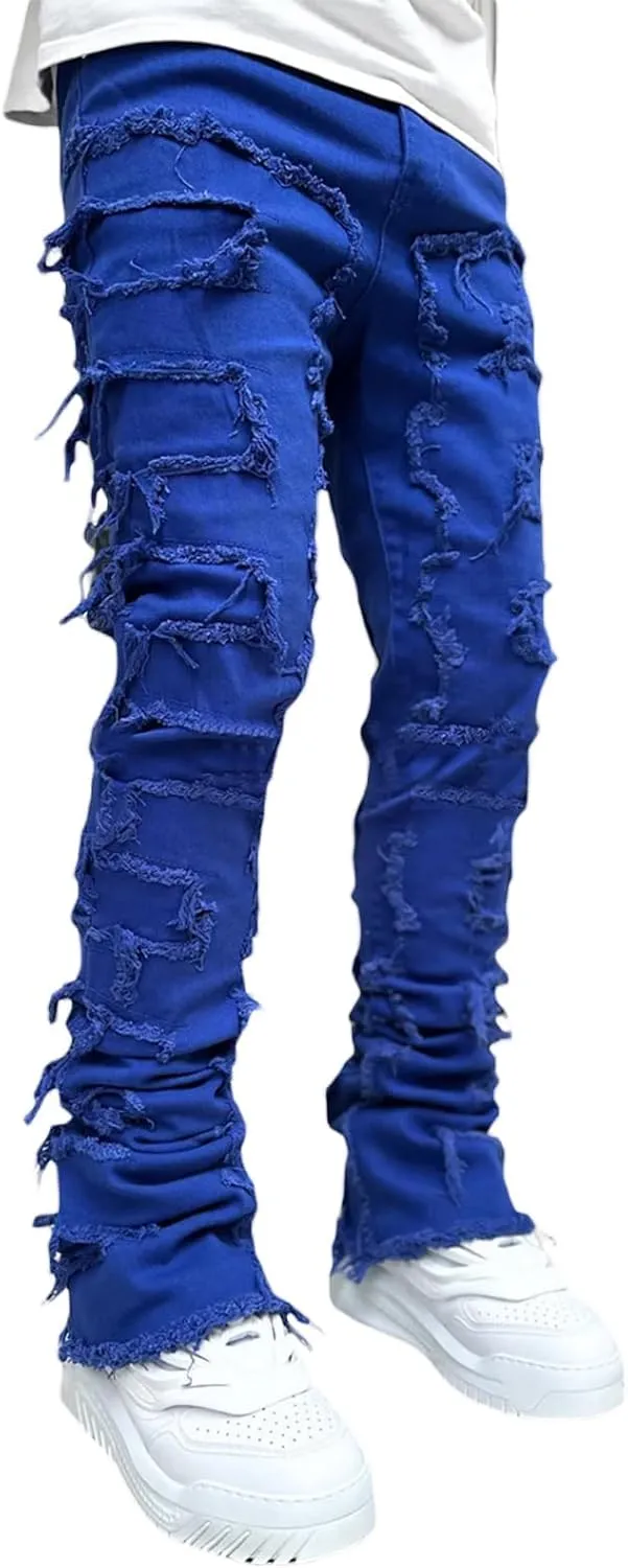 Stacked Jeans Men Skinny Ripped Jeans Slim Fit Patchwork Denim Pants Y2K Goth Harajuku Emo Hip Hop Jeans Trouser