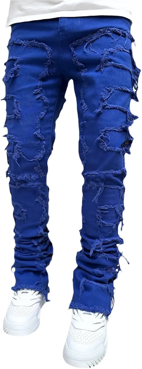Stacked Jeans Men Skinny Ripped Jeans Slim Fit Patchwork Denim Pants Y2K Goth Harajuku Emo Hip Hop Jeans Trouser