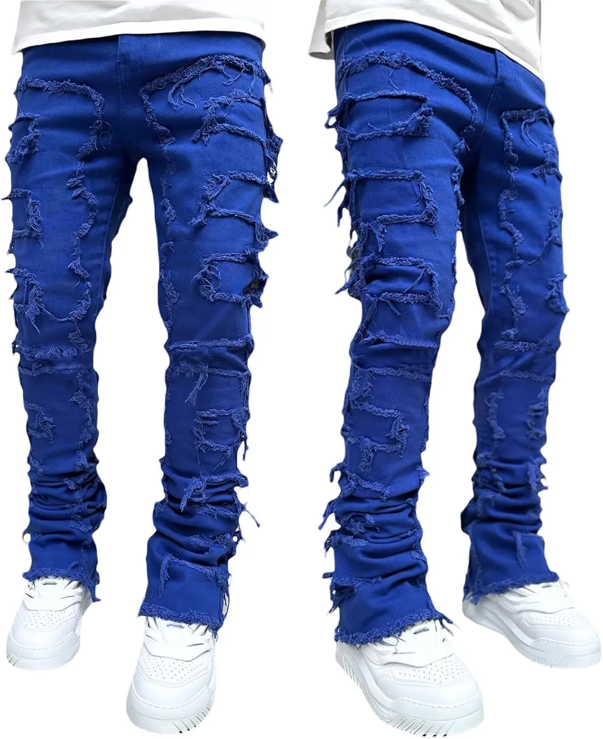 Stacked Jeans Men Skinny Ripped Jeans Slim Fit Patchwork Denim Pants Y2K Goth Harajuku Emo Hip Hop Jeans Trouser