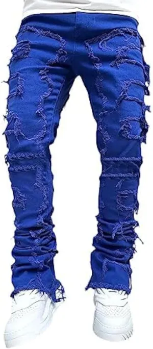 Stacked Jeans Men Skinny Ripped Jeans Slim Fit Patchwork Denim Pants Y2K Goth Harajuku Emo Hip Hop Jeans Trouser