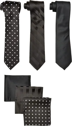 Stacy Adams mens 3 Pack Satin Neckties Solid Striped Dots With Pocket Squares