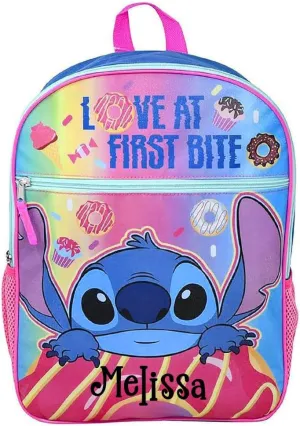 Stitch Backpack, Officially Licensed, Backpack for Kids, Love at First Bite Donuts, Book Bag for School Supplies or Travel, Personalized with Custom Name - 16 Inch