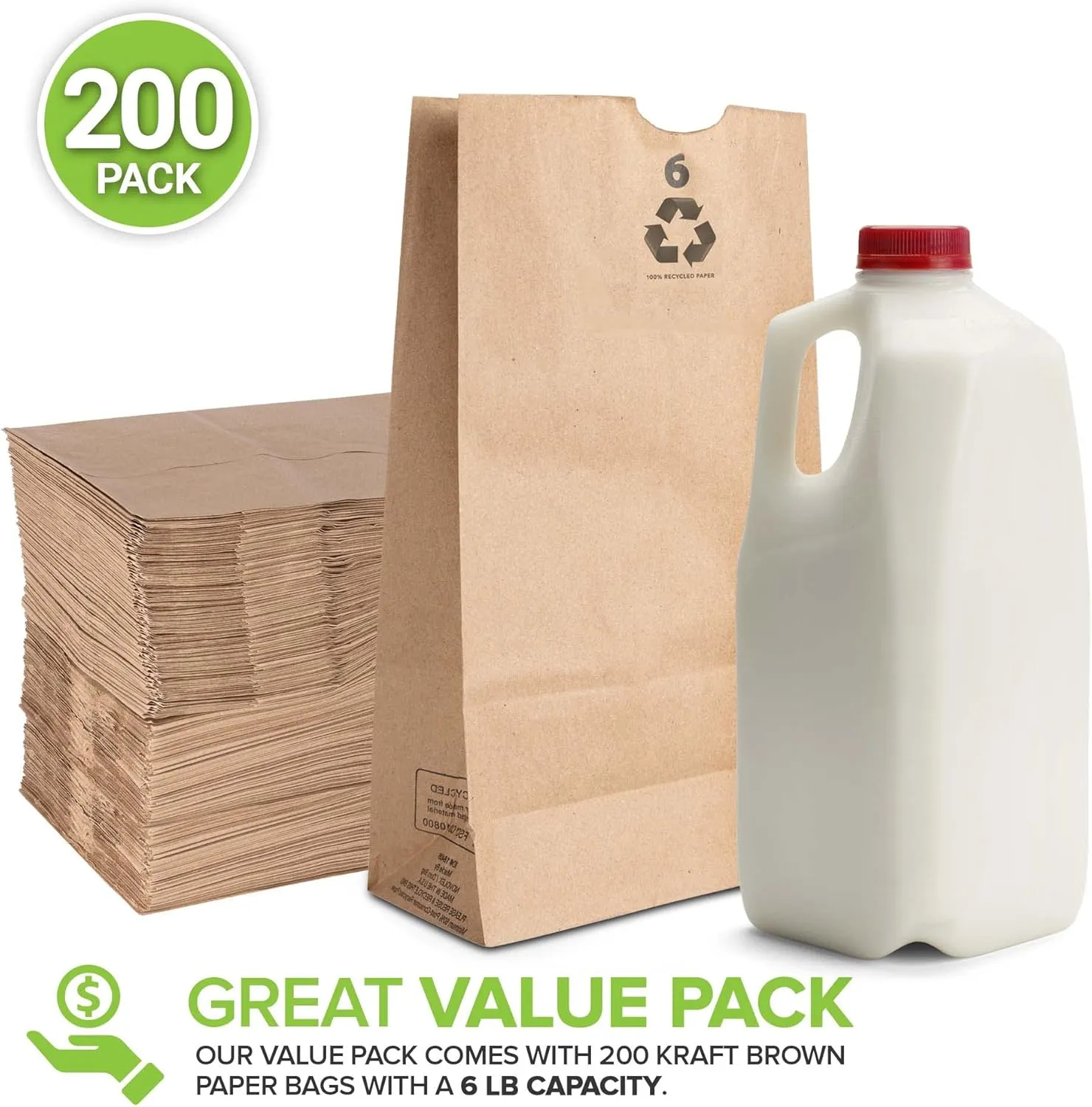 Stock Your Home 6 Lb Kraft Brown Paper Lunch Bags (200 Count) - Bulk Disposable Lunch Sacks, Medium Size Blank Bag for Kids, Good for a Snack, Sandwich, Grocery Food, and Arts & Crafts Projects